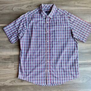Classic Casual Short Sleeve Button Down Plaid Stretch Shirt Red Blue